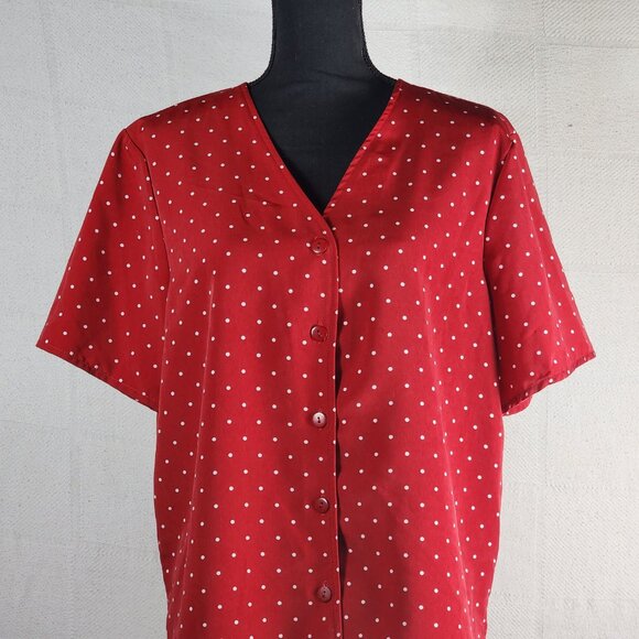 Kathie Lee Collection Vtg Brick Red White Polka Dot Poly Button Up SS Top Sz XL - Picture 3 of 16